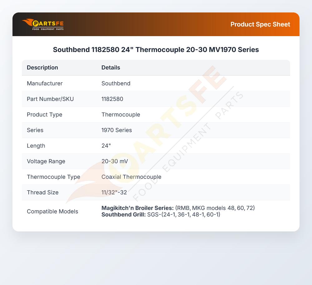Southbend 1182580 Thermocouple 24" 20-30 mV 1970 Series