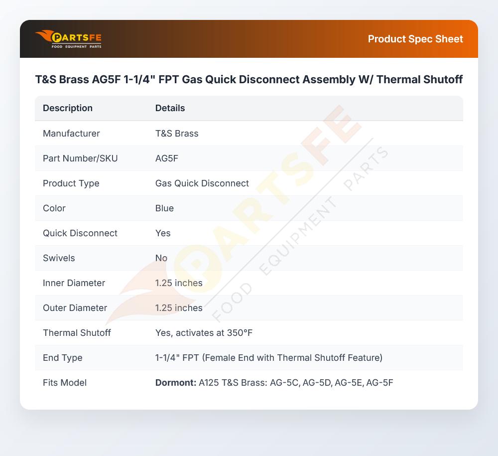 T&S Brass AG5F Gas Quick Disconnect Assembly W/Thermal Shutoff 1-1/4" FPT