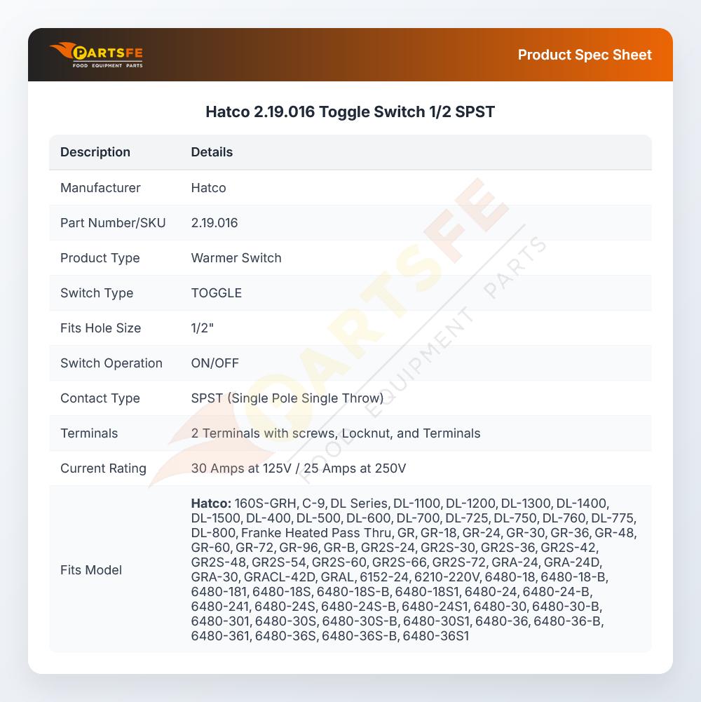 Hatco 2.19.016 Toggle Switch SPST 1/2"