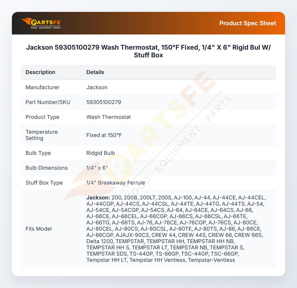 Jackson 59305100279 Wash Thermostat 150&deg;F Fixed 1/4" X 6" Rigid Bulb W/Stuff Box