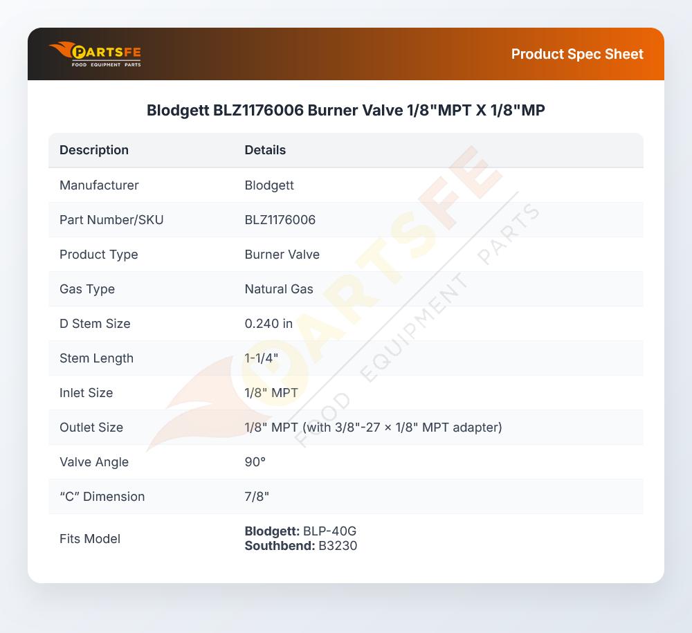 Blodgett BLZ1176006 Burner Valve 1/8"MPT X 1/8"MP