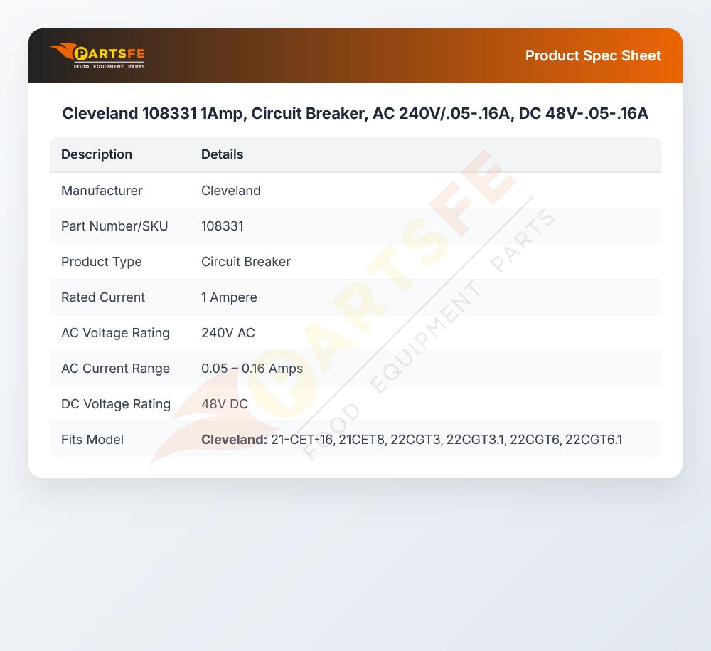 Cleveland 108331 Convection Steamer Circuit Breaker 1A 240V 50/60Hz