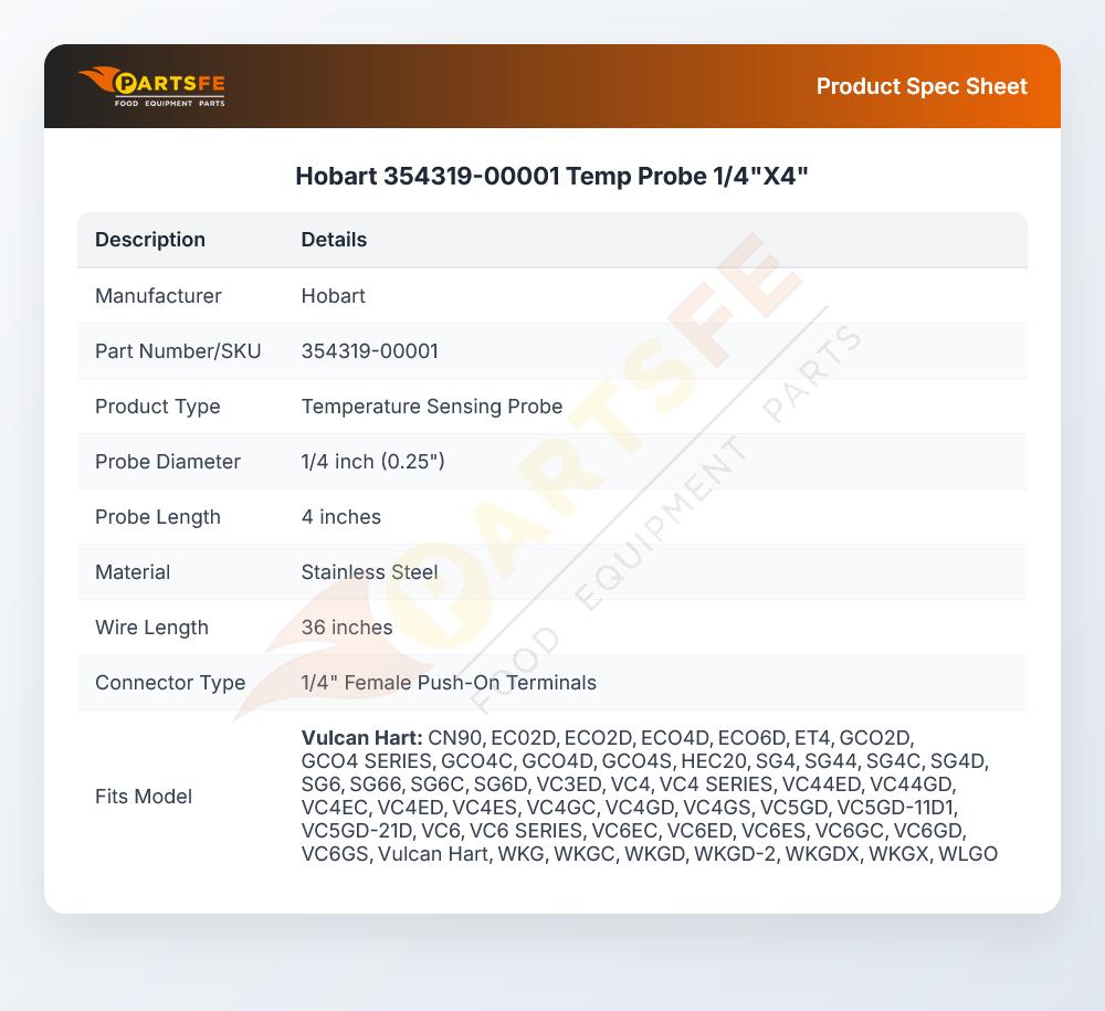 Hobart 354319-00001 Temp Probe 1/4"X4"