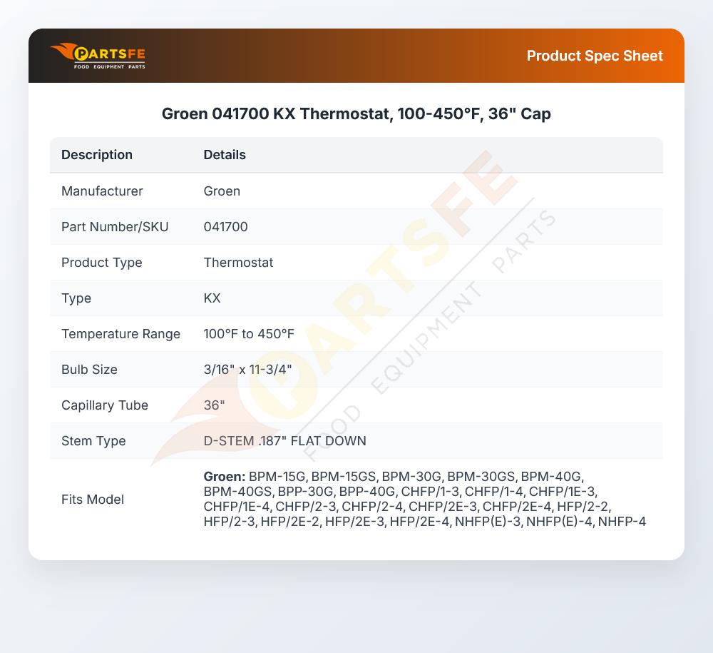 Groen 041700 KX Thermostat 100-450&deg;F 36" CAP