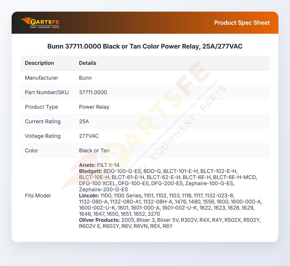 Bunn 37711.0000 Black or Tan Color Power Relay, 25A/277VAC