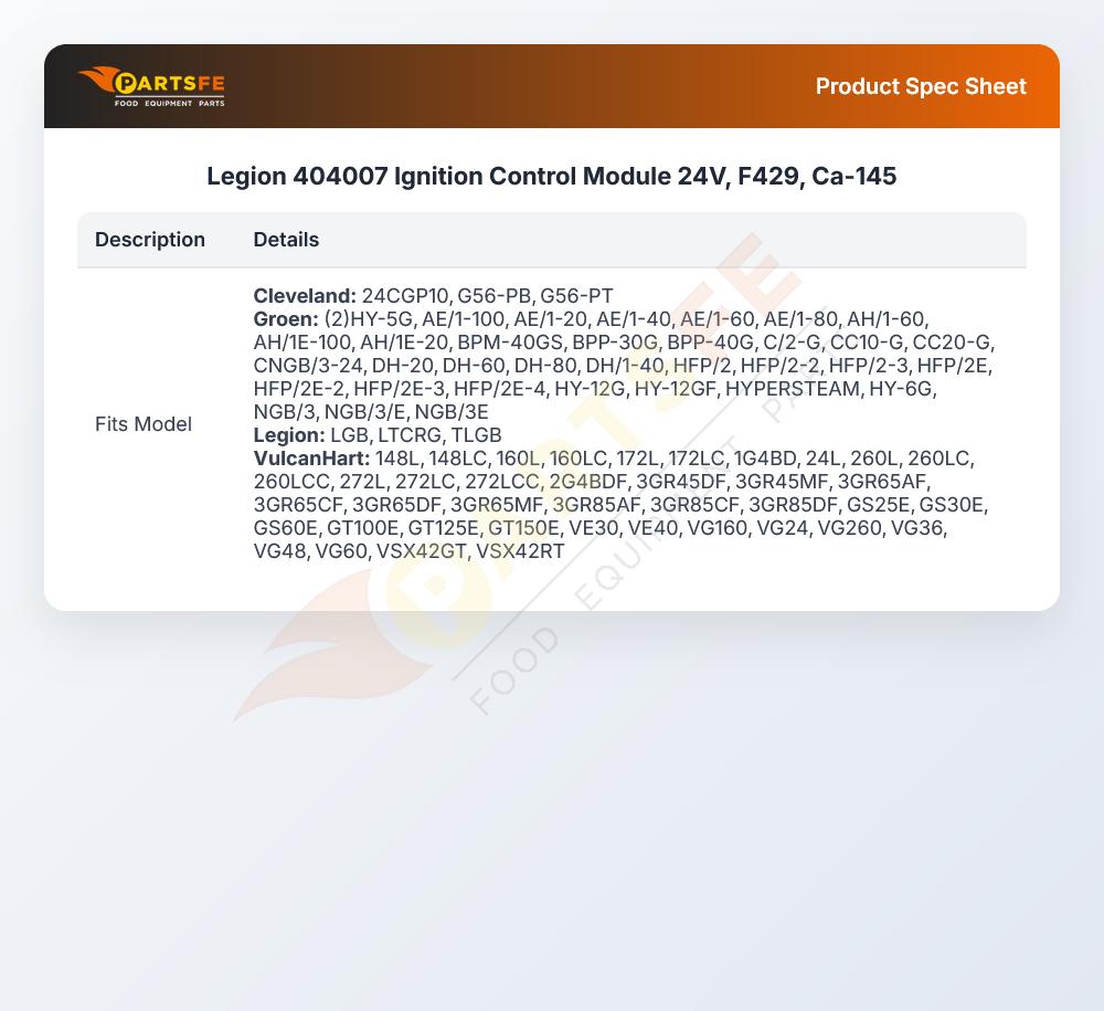 Legion 404007 Fryer Ignition Control Module 24V F429 CA-149