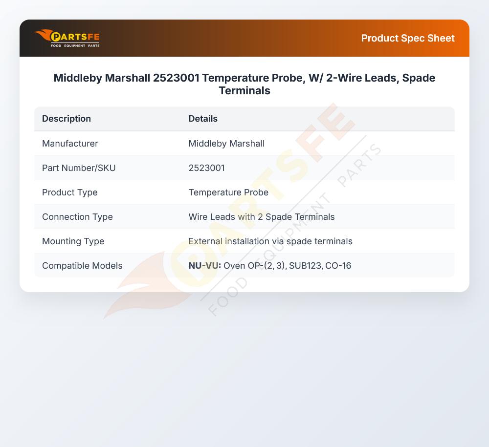 Middleby Marshall 2523001 Temperature Probe, W/ 2-Wire Leads, Spade Terminals