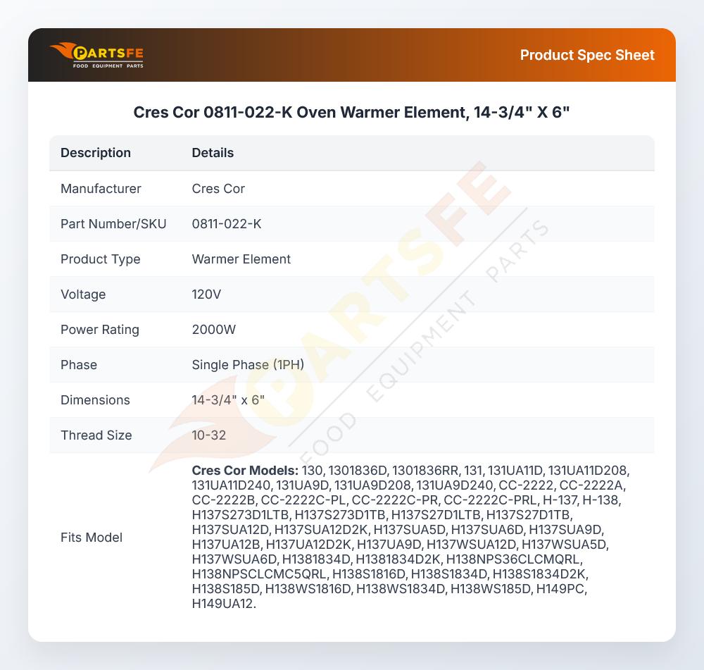 Cres Cor 0811-022-K Oven Warmer Element, 14-3/4" X 6"