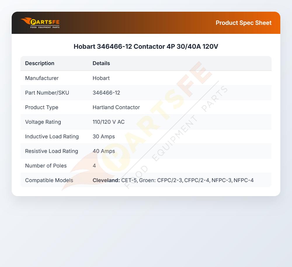 Hobart 346466-12 Contactor 4P 30/40A 120V