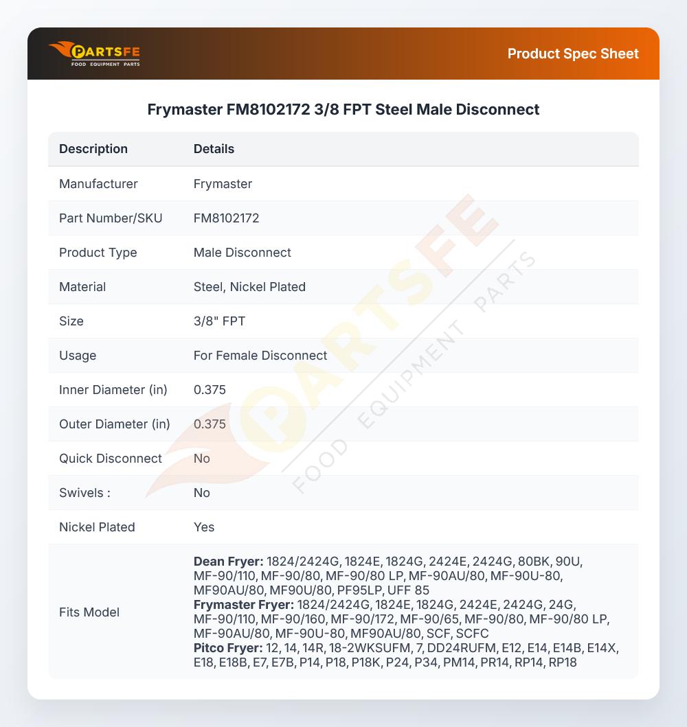 Frymaster FM8102172 3/8 FPT Steel Male Disconnect