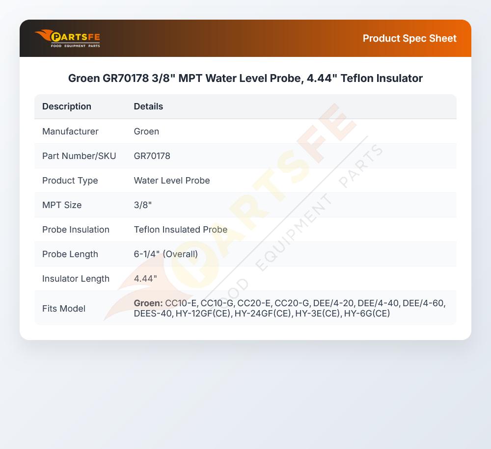 Groen GR70178 3/8" MPT Water Level Probe, 4.44" Teflon Insulator