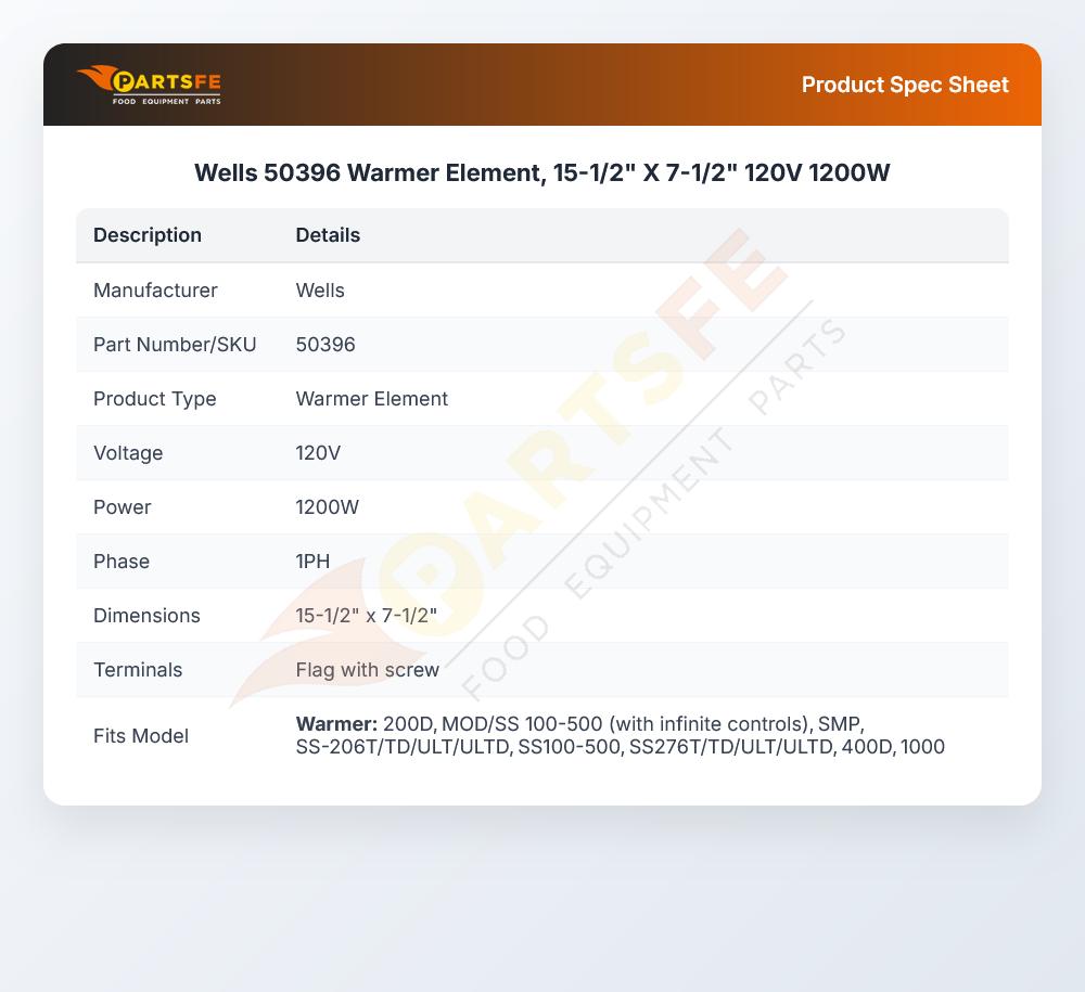 Wells 50396 Warmer Element, 15-1/2" X 7-1/2"  120V 1200W