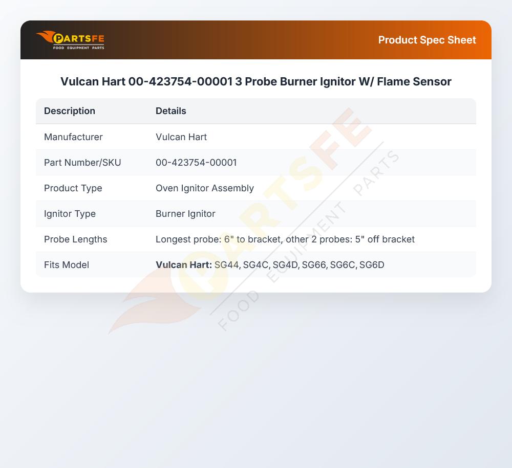 Vulcan Hart 00-423754-00001 3 Probe Burner Ignitor W/ Flame Sensor