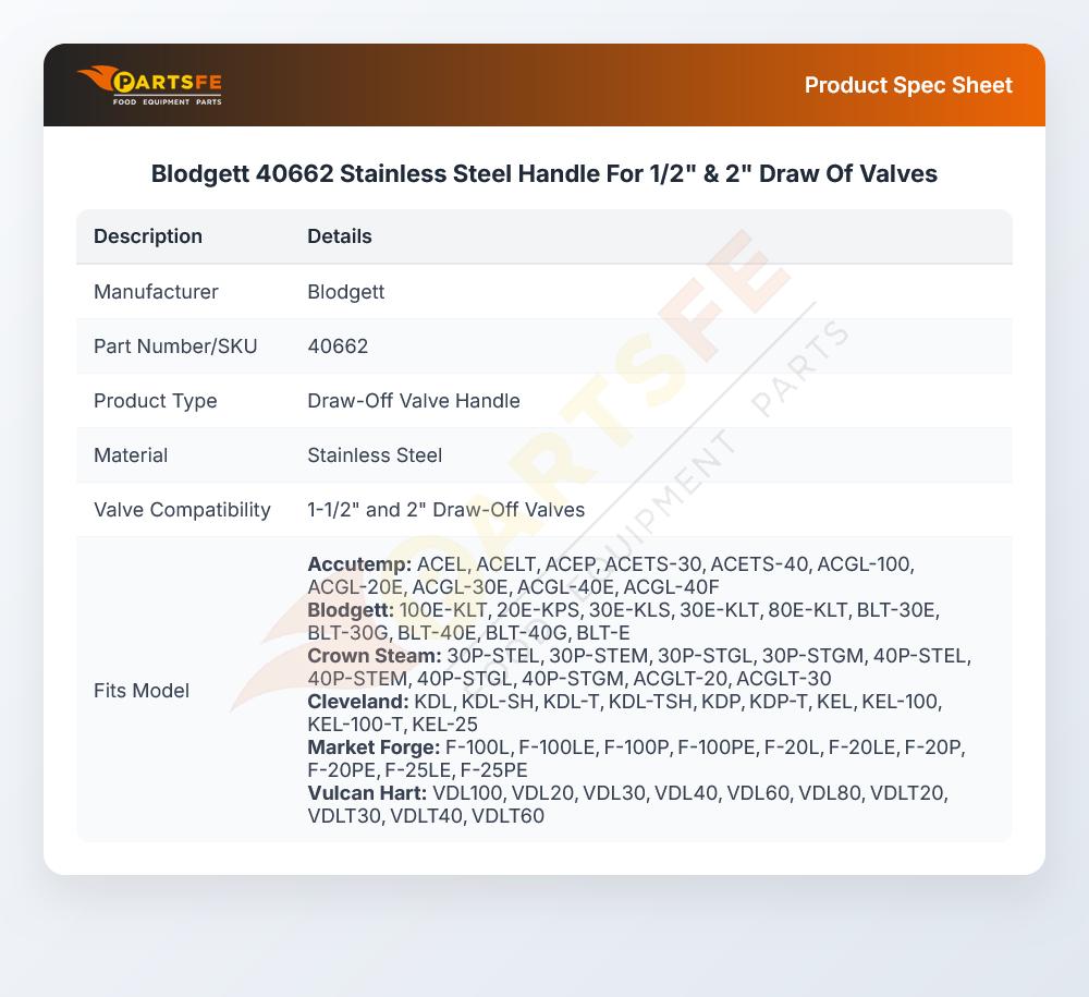 Blodgett 40662 Handle 1/2" & 2" Draw Off Valves Stainless Steel