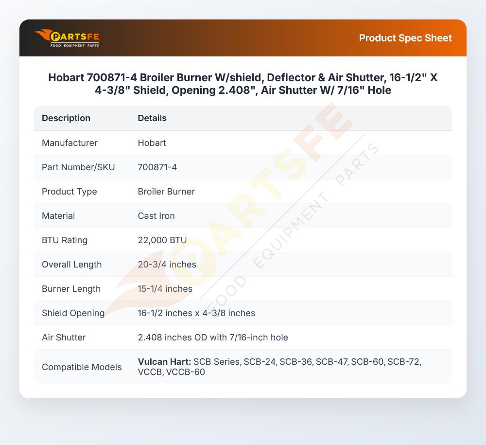 Hobart 700871-4 Broiler Burner W/shield Deflector & Air Shutter 16-1/2" X 4-3/8"&nbsp;2.408" Opening 7/16" Hole