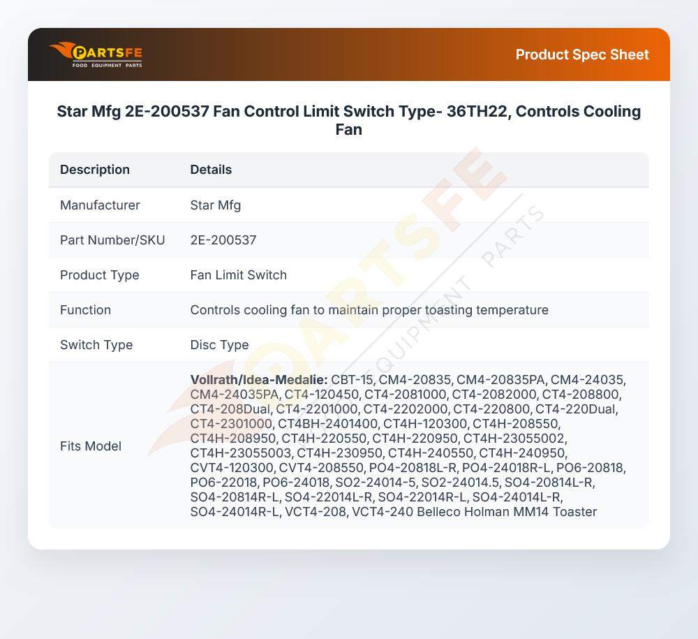 Star Mfg 2E-200537 Fan Control Limit Switch Type- 36TH22, Controls Cooling Fan