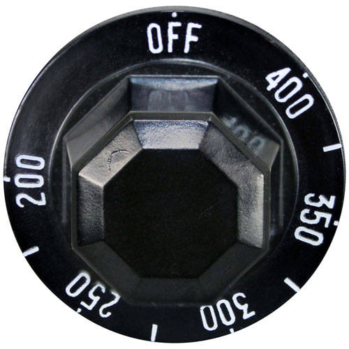 Hobart 408659-00002 Black Thermostat Knob W/White Printed Numbers, 2" DIA, OFF-400-200F, Mount .187", Flat Down