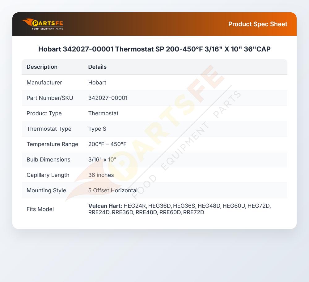 Hobart 342027-00001 Thermostat SP 200-450&deg;F 3/16" X 10" 36"CAP