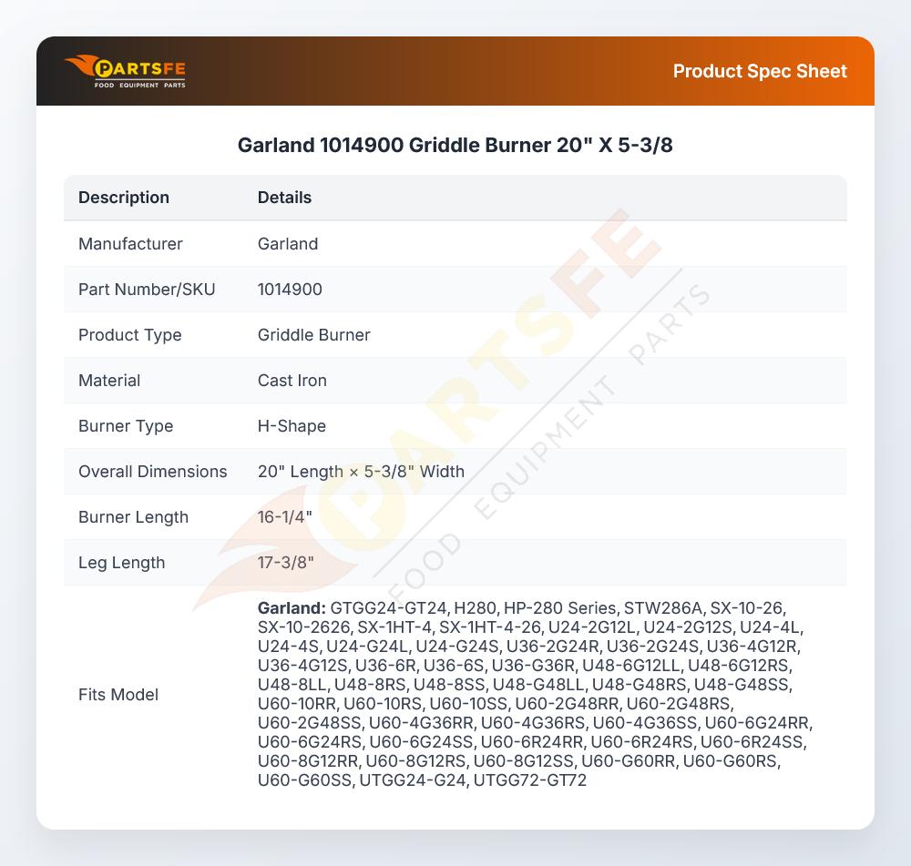 Garland 1014900 Griddle Burner 20" X 5-3/8