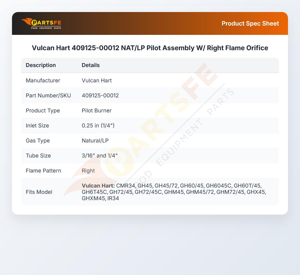 Vulcan Hart 409125-00012 NAT/LP Pilot  Assembly W/ Right Flame Orifice