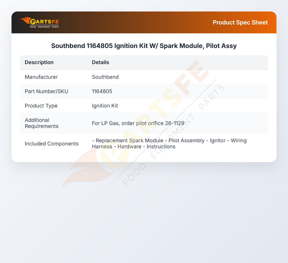 Southbend 1164805 Ignition Kit W/Spark Module Pilot Assembly