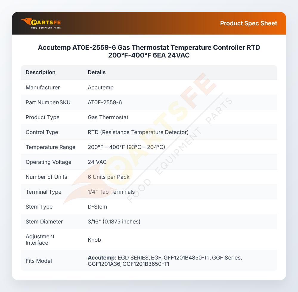 Accutemp AT0E-2559-6 Gas Thermostat Temperature Controller RTD 200&deg;F-400&deg;F 6EA 24VAC