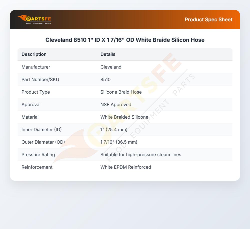 Cleveland 8510 1" ID X 1 7/16" OD White Braide Silicon Hose