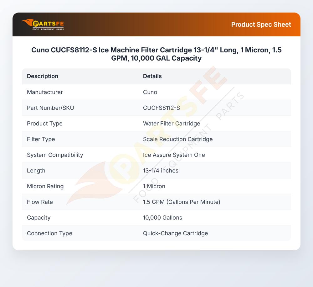 Cuno CUCFS8112-S Ice Machine Filter Cartridge 13-1/4" Long, 1 Micron, 1.5 GPM, 10,000 GAL Capacity
