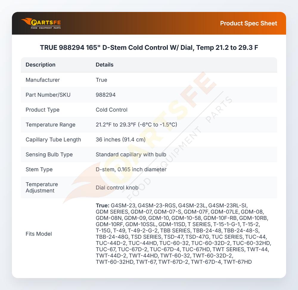 TRUE 988294 165" D-Stem Cold Control W/ Dial, Temp 21.2 to 29.3 F