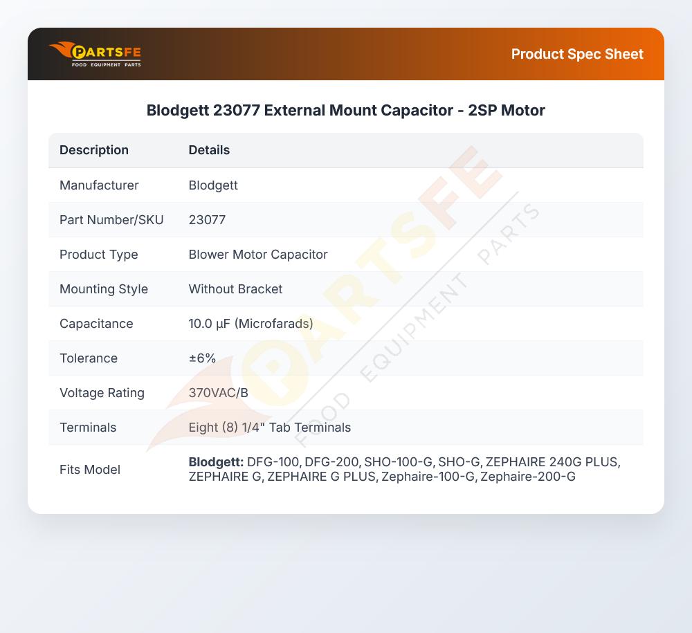 Blodgett 23077 Oven Two Speed Motor Capacitor