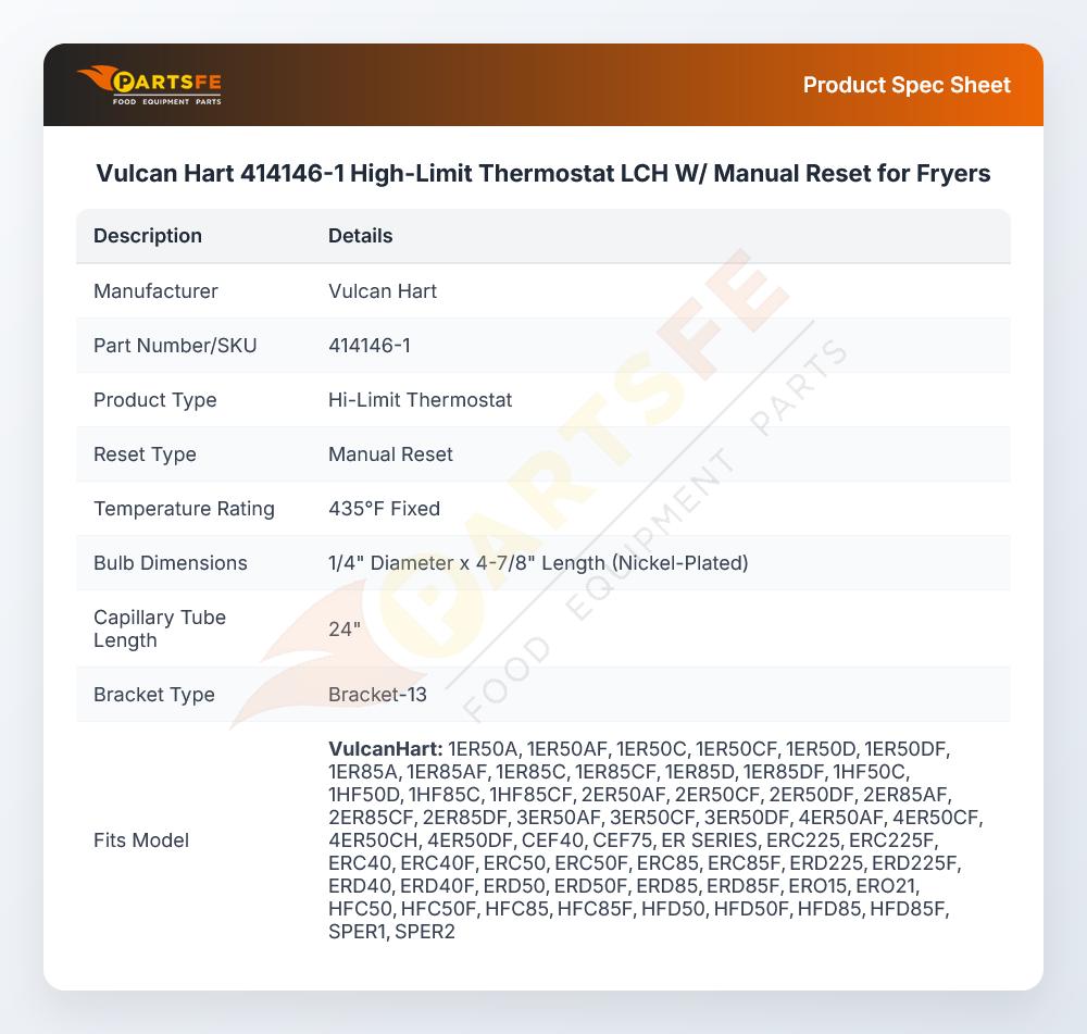 Vulcan Hart 414146-1 High-Limit Thermostat LCH W/ Manual Reset for Fryers