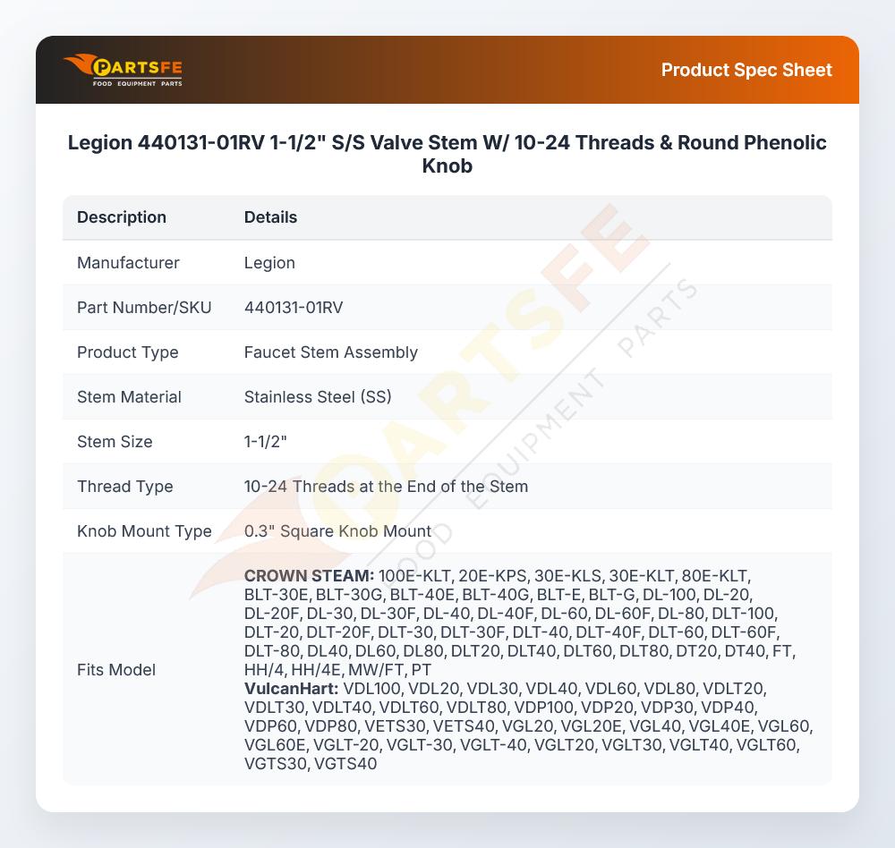 Legion 440131-01RV Stem Valve W/10-24 Threads & Round Phenolic Knob 1-1/2" SS