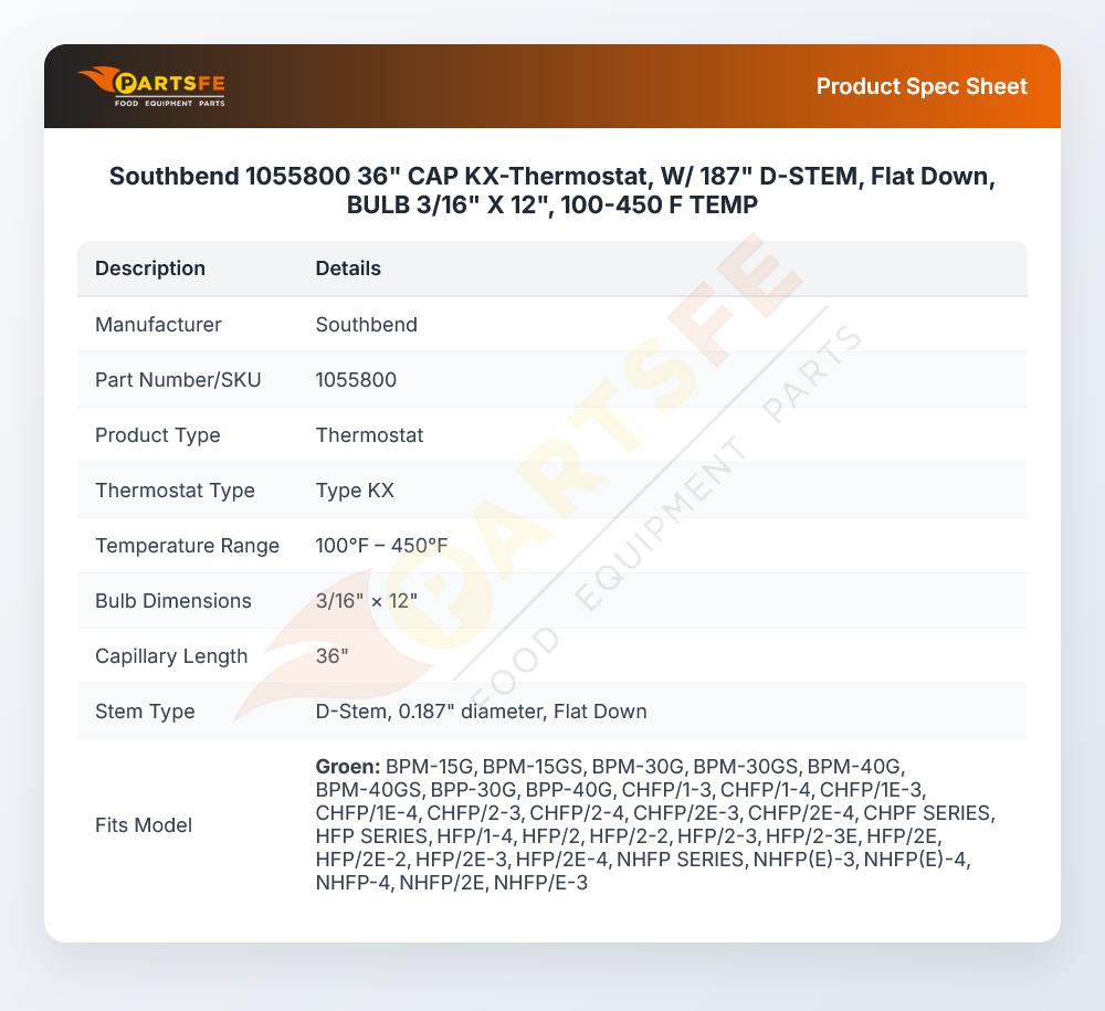 Southbend 1055800 Thermostat 3/16" X 12" 36" 450&deg;F Cap KX