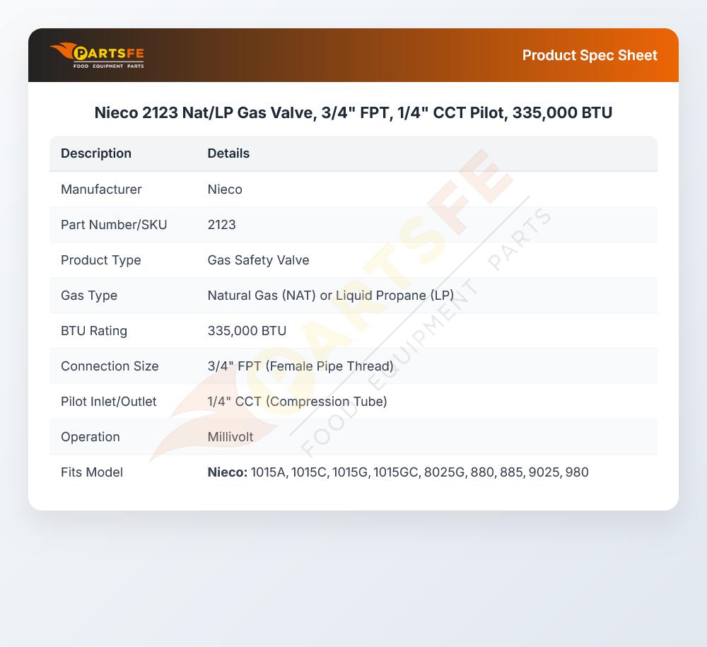 Nieco 2123 Nat/LP Gas Valve, 3/4" FPT, 1/4" CCT Pilot, 335,000 BTU