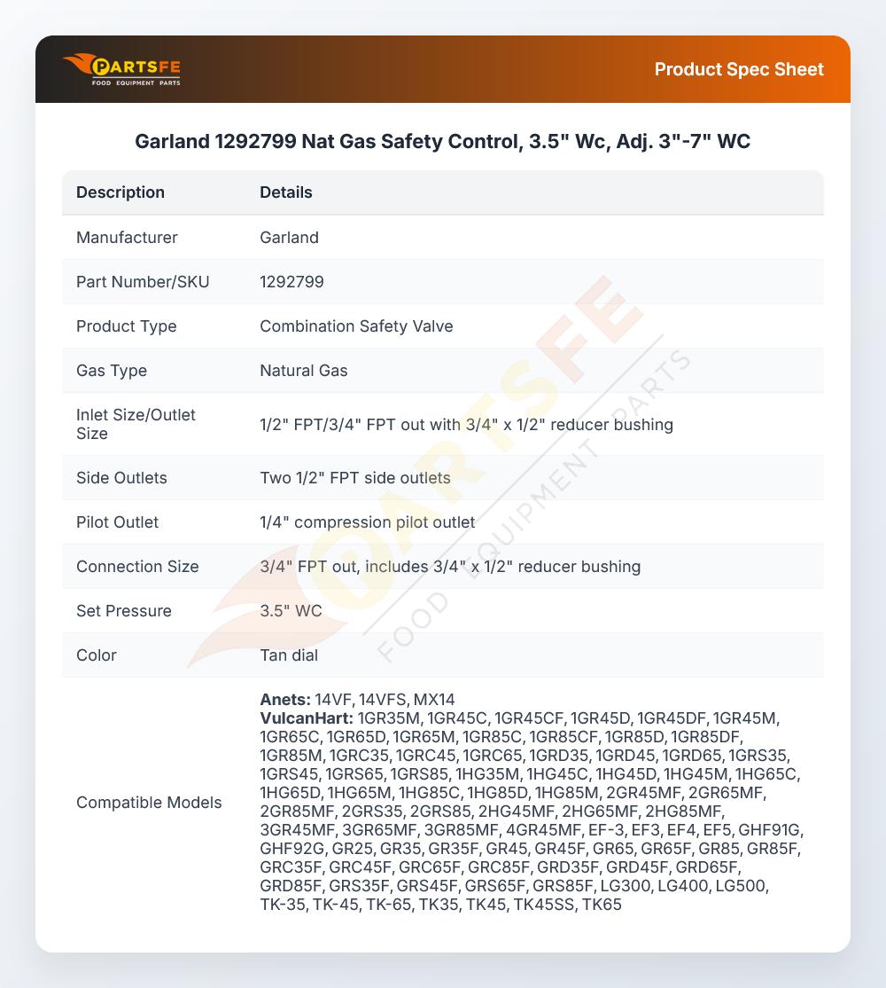 Garland 1292799 Natural Gas Safety Control 3.5" WC ADJ 3"-7" WC