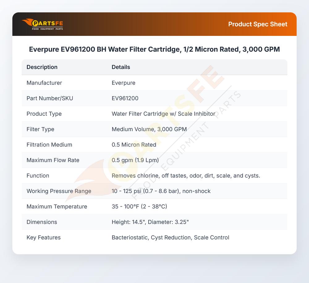 Everpure EV961200 BH Water Filter Cartridge, 1/2 Micron Rated, 3,000 GPM