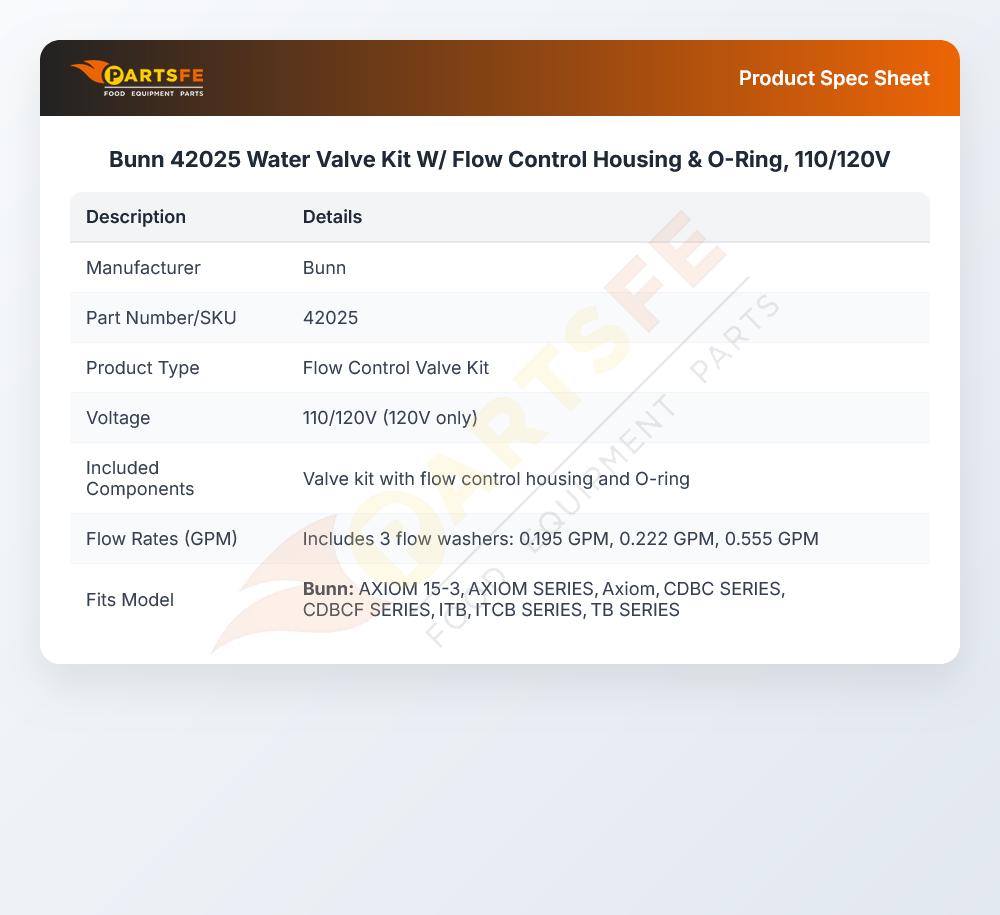 Bunn 42025 Water Valve Kit W/ Flow Control Housing & O-Ring, 110/120V