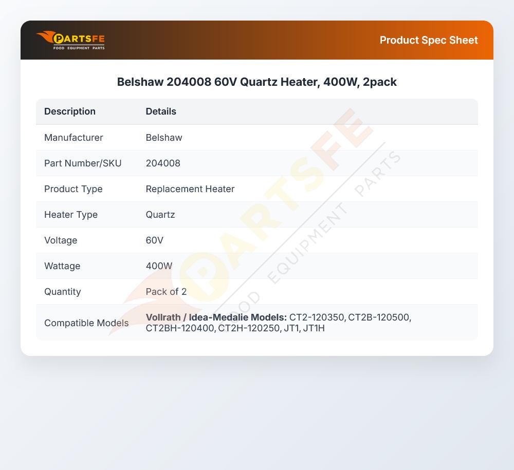 Belshaw 204008 60V Quartz Heater, 400W, 2pack