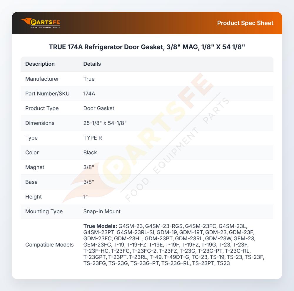 TRUE 174A Refrigerator  Door Gasket, 3/8" MAG, 1/8" X 54 1/8"