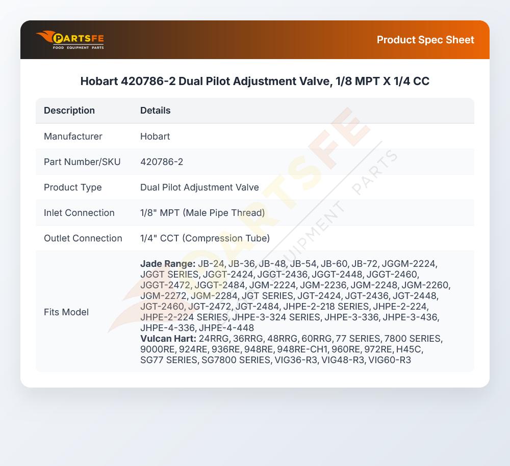 Hobart 420786-2 Dual Pilot Adjustment Valve, 1/8 MPT X 1/4 CC