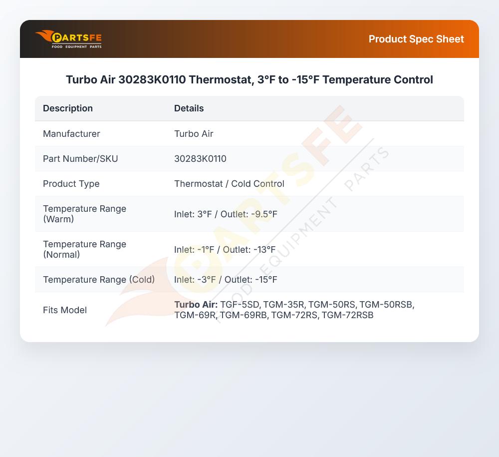 Turbo Air 30283K0110 Thermostat 3&deg;F-15&deg;F