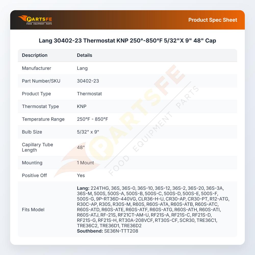 Lang 30402-23 Thermostat KNP 250&deg;-850&deg;F 5/32"X 9" 48" Cap