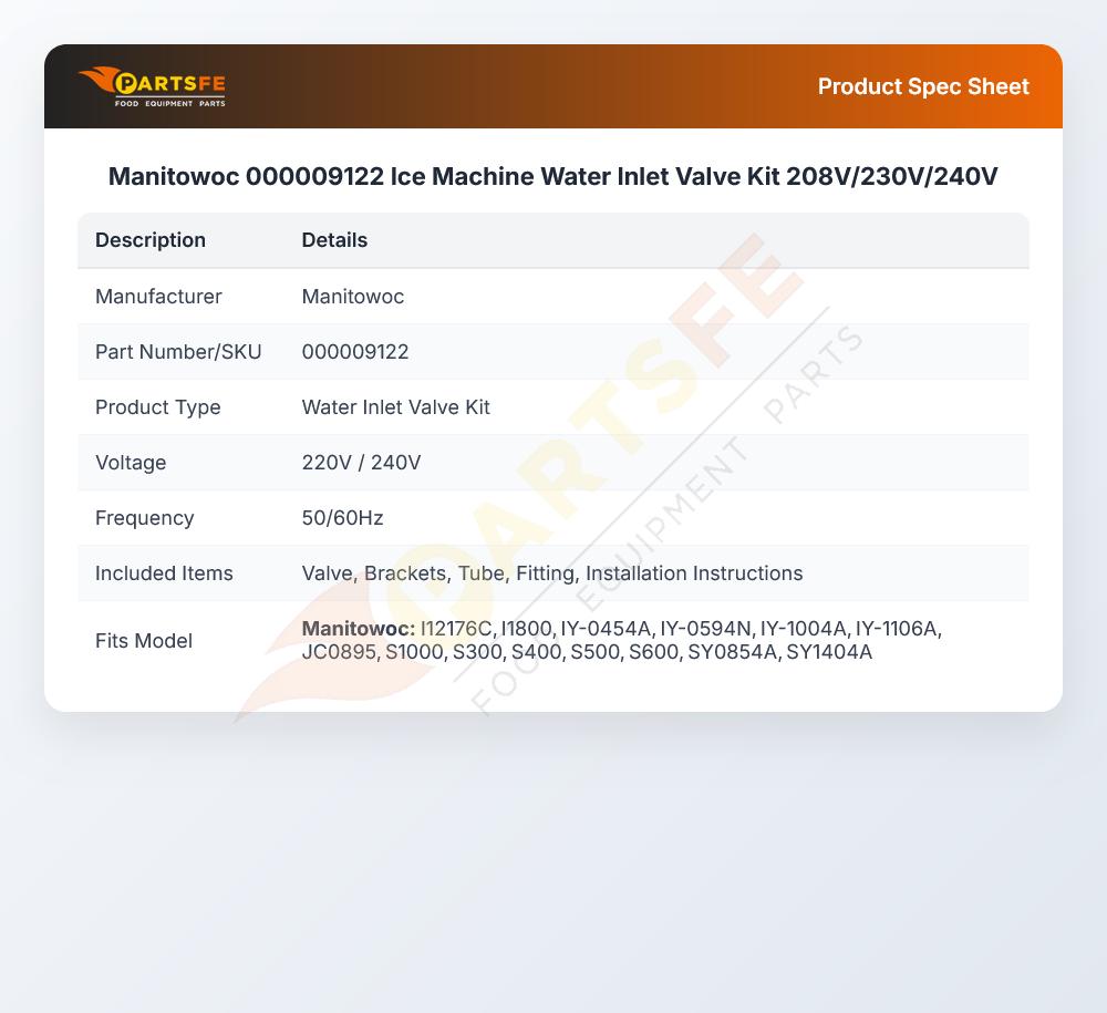 Manitowoc 000009122 Ice Machine Water Inlet Valve Kit 208V/230V/240V