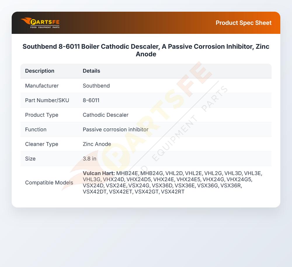 Southbend 8-6011 Boiler Cathodic Descaler, A Passive Corrosion Inhibitor, Zinc Anode