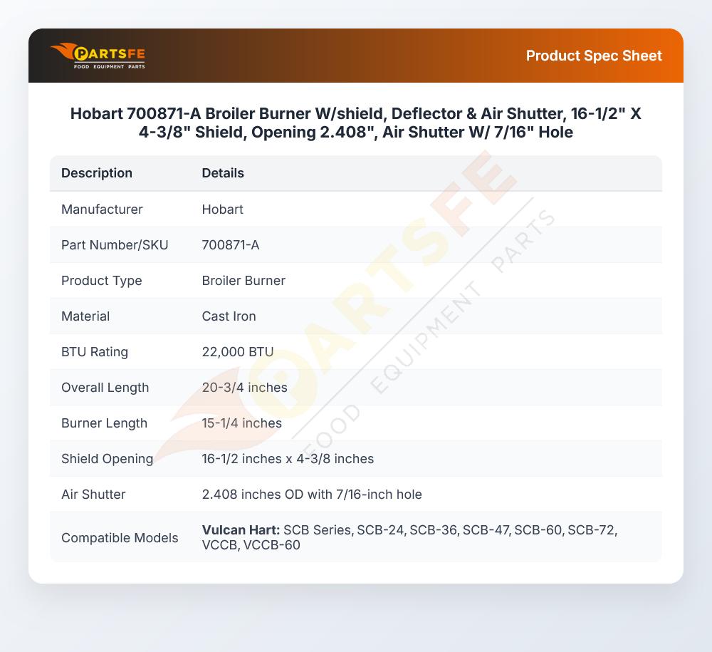 Hobart 700871-A Broiler Burner W/shield Deflector & Air Shutter 16-1/2" X 4-3/8" 2.408" Opening 7/16" Hole