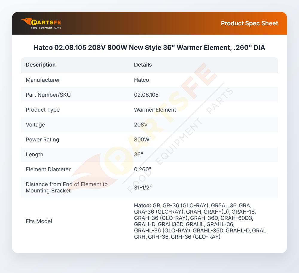Hatco 02.08.105 208V 800W New Style 36" Warmer Element, .260" DIA