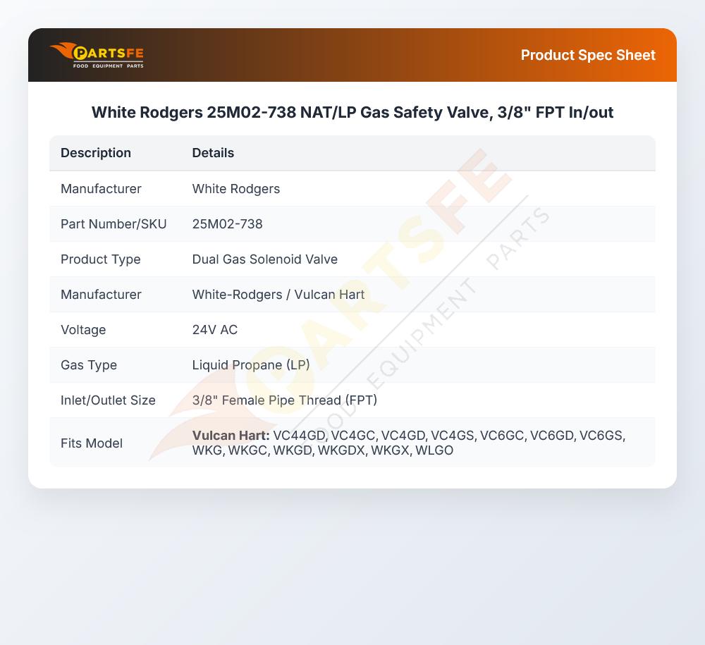 White Rodgers 25M02-738 NAT/LP  Gas Safety Valve, 3/8" FPT In/out