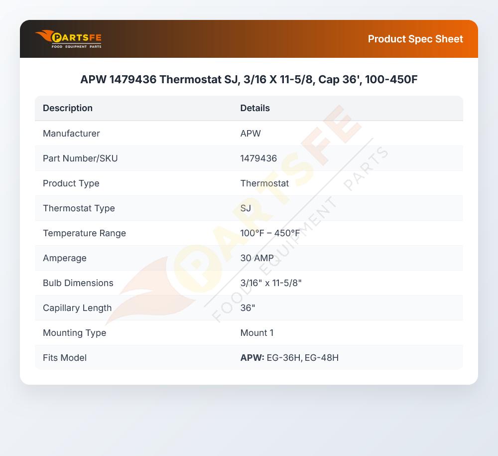 APW 1479436 Thermostat SJ, 3/16 X 11-5/8, Cap 36', 100-450F