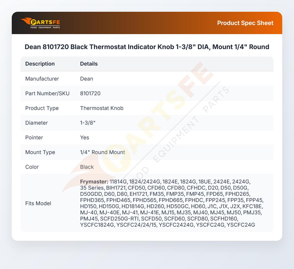 Dean 8101720 Black Thermostat Indicator Knob 1-3/8" DIA, Mount 1/4" Round