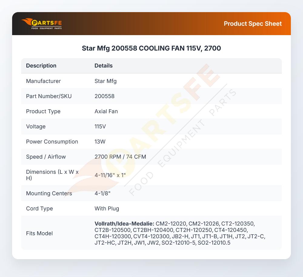 Star Mfg 200558 COOLING FAN 115V, 2700